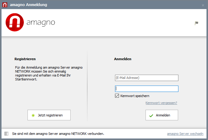 Anmeldung und Auswahl AMAGNO Server – Erste Schritte