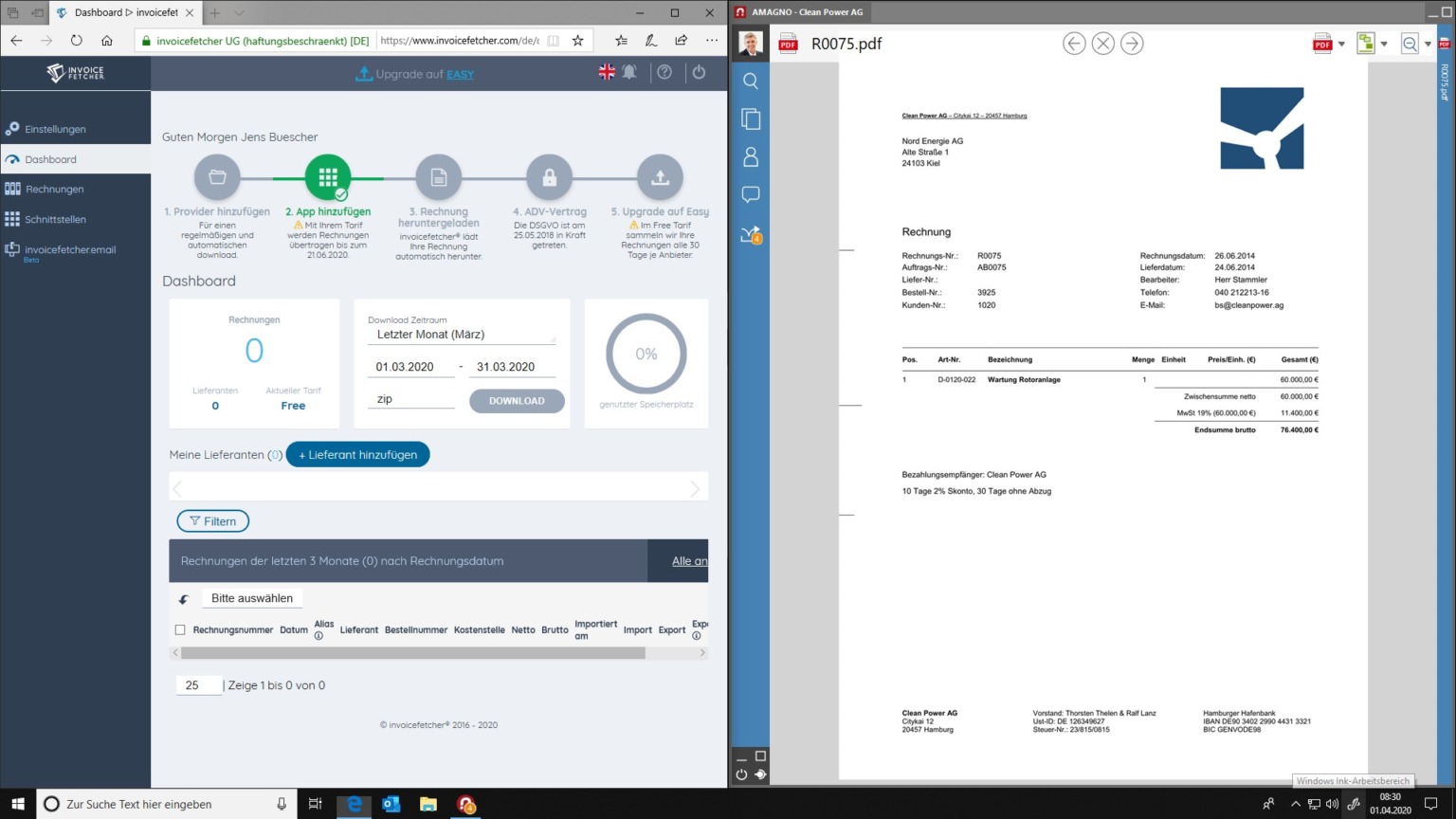 Dashboard der Amagno Software für Dokumentenmanagement mit Rechnungsübersicht und Downloadoptionen.