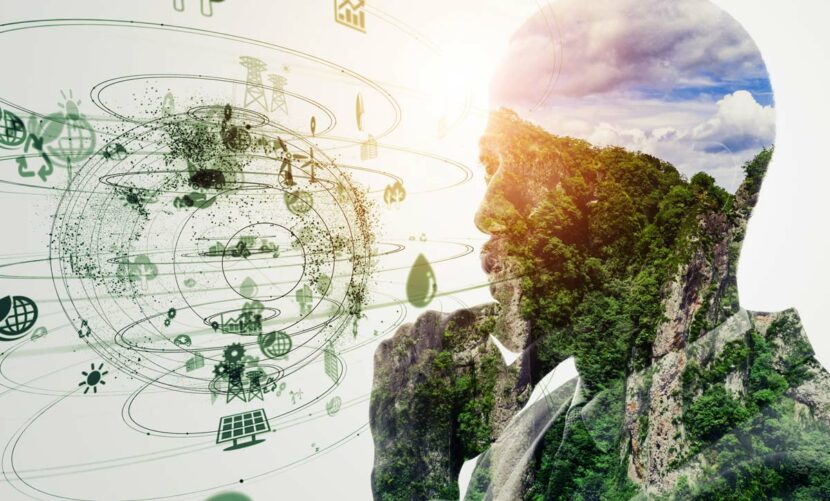 Grafische Darstellung eines nachdenklichen Menschen mit einer Landschaft im Hintergrund, symbolisiert digitale Archivierung und DMS.