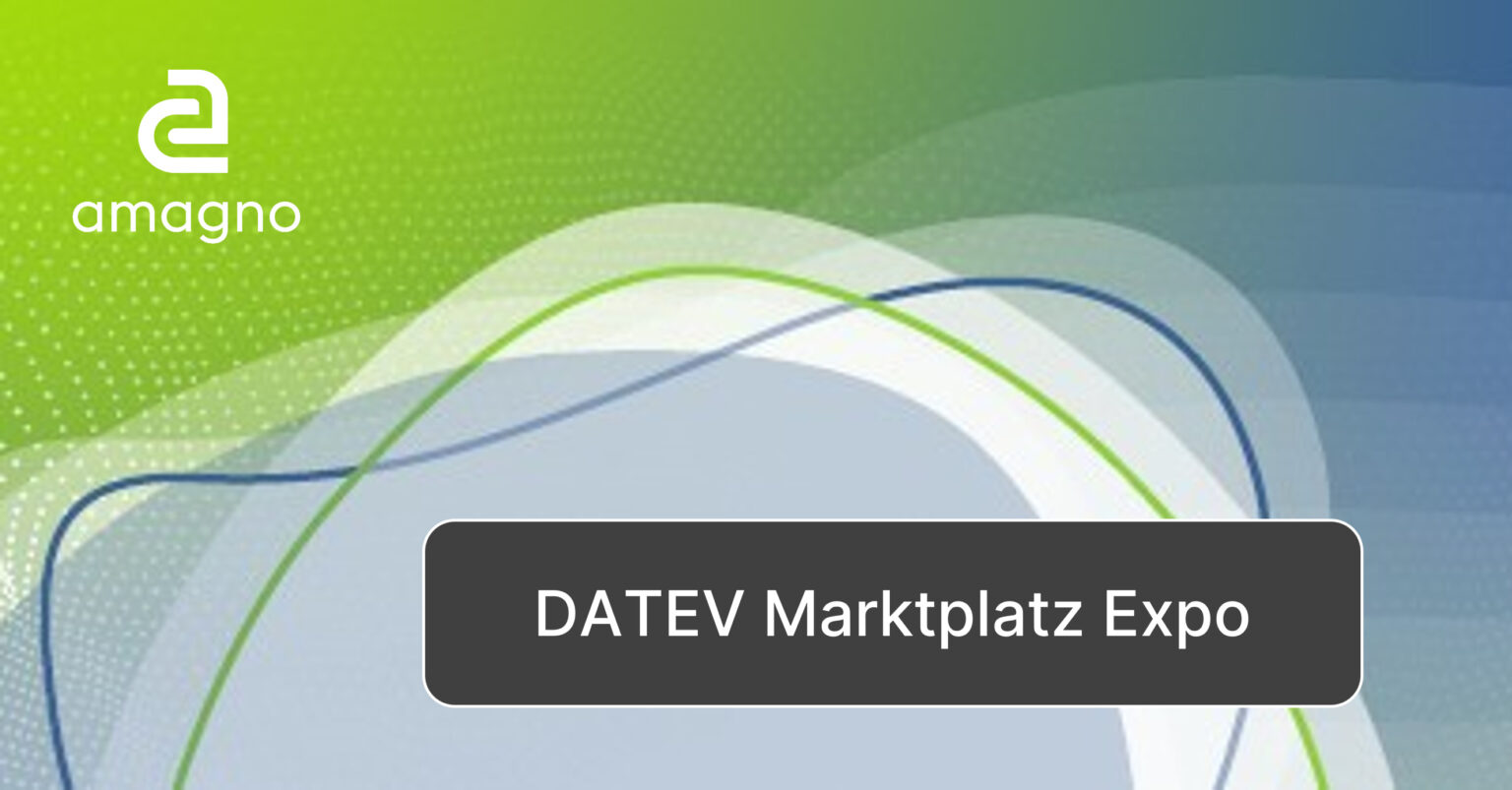 Grafik zur DATEV Marktplatz Expo, präsentiert von Amagno, einem Anbieter für Dokumentenmanagement und digitale Archivierung.