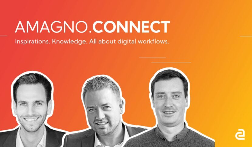 Drei Personen im Rahmen einer Veranstaltung zu digitalen Workflows und Dokumentenmanagement mit Amagno.