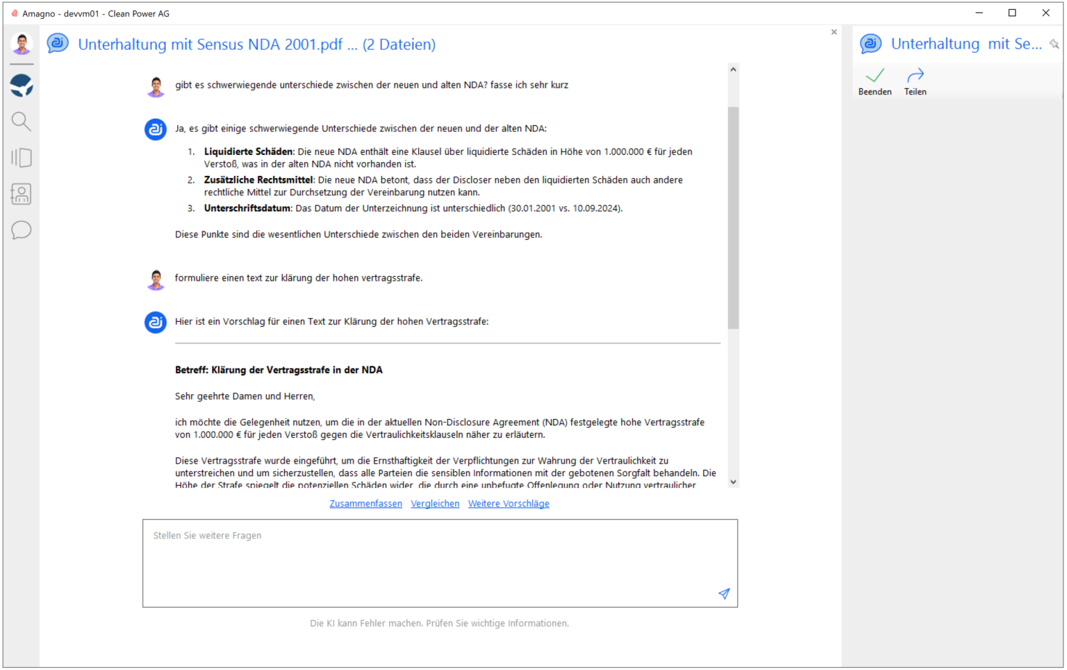 Screenshot der Amagno Software mit Informationen zur Klärung der Vertragsstrafe in einem NDA-Dokument.
